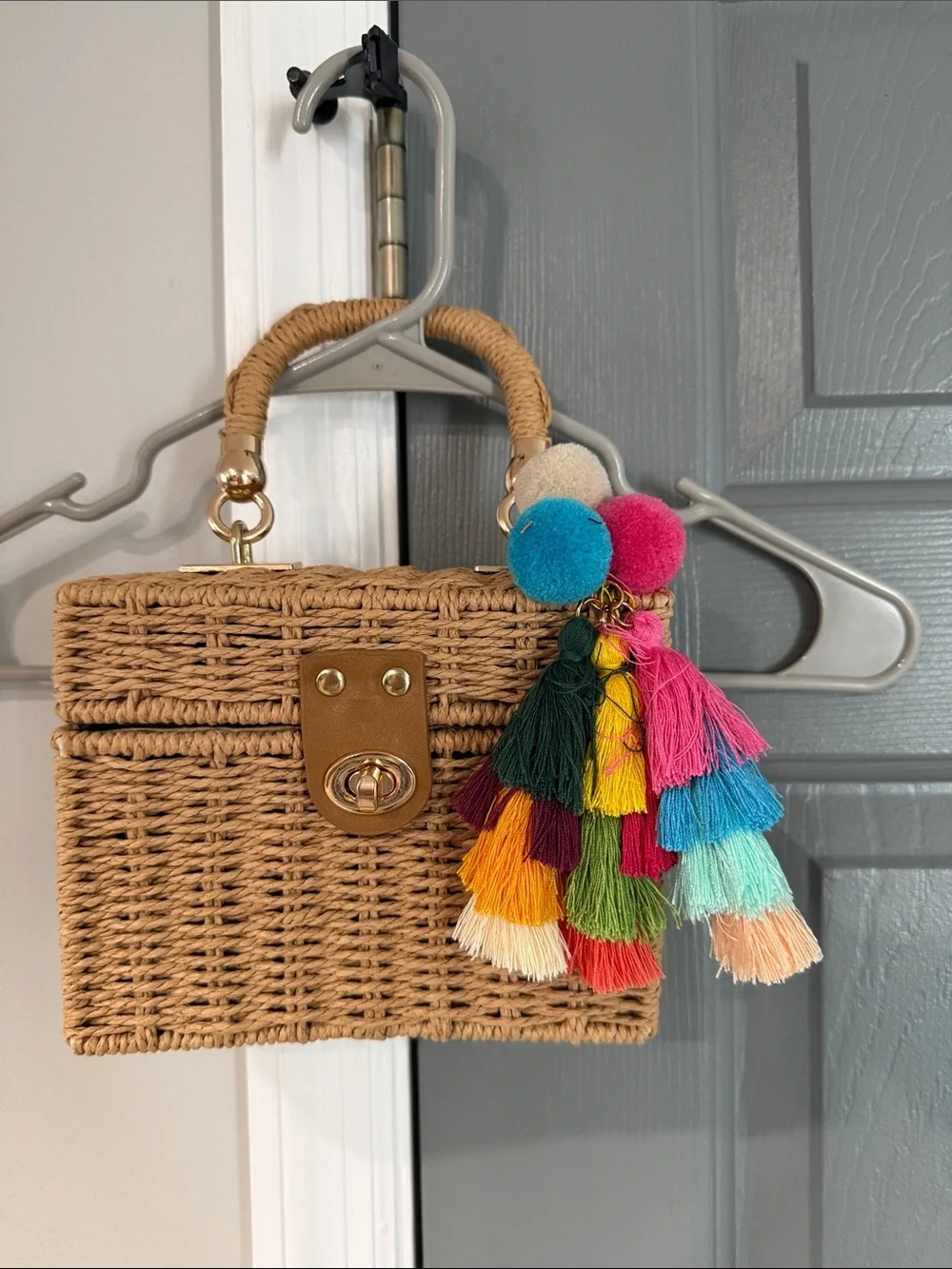 Woven Box Handbag with Gold Accent - Tan with matching earrings and purse charm